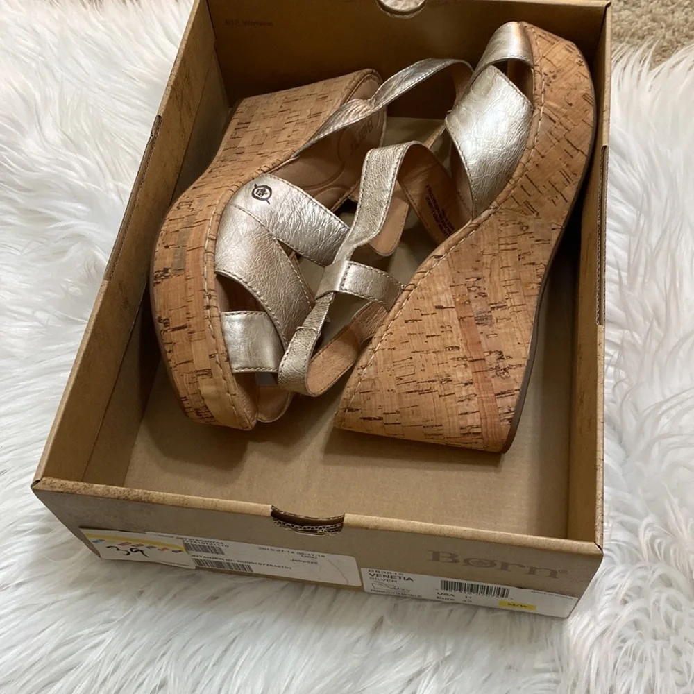 Born Venetia Panna cotta metallic leather cork platform slingback wedges - Picture 6 of 6